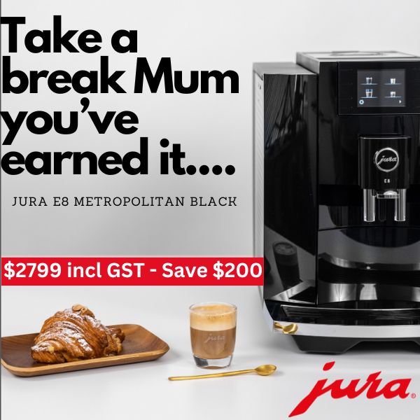 "Image of a sleek Jura E8 Metropolitan Black coffee machine displayed with a prominent $200 discount tag, perfect for Mother's Day gifting."