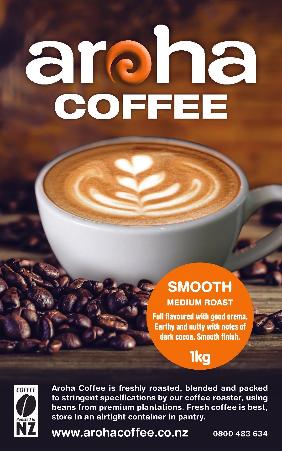 "A close-up image of a 1kg bag of Aroha Smooth roasted coffee beans, featuring a rich blend of dark and medium brown hues, with the brand name prominently displayed and a captivating aroma wafting from the freshly roasted beans."