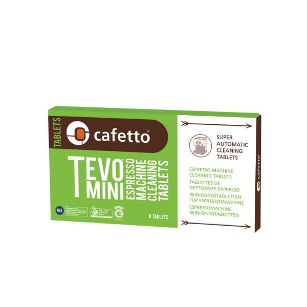 "An image of a pack containing 8 Cafetto TEVO mini tablets, neatly arranged in rows within the packaging. The tablets are compact and designed for use in coffee machines, promising efficient and convenient cleaning for coffee enthusiasts."