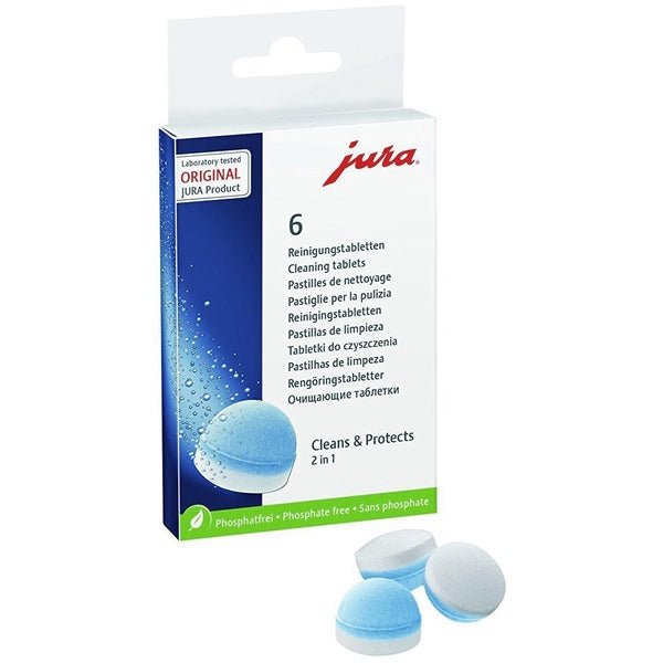 "Image of a Jura 6-pack containing three-phase coffee cleaning tablets, designed for efficient and thorough cleaning of Jura coffee machines. The tablets ensure optimal maintenance and hygiene for the coffee equipment."