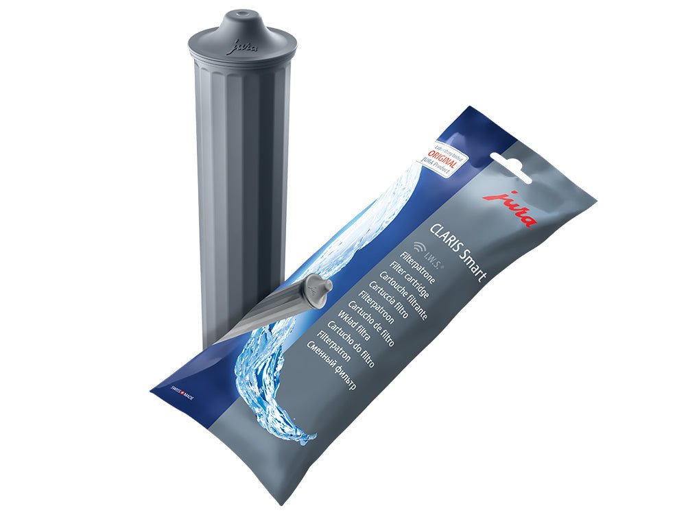 "An image of a Jura Claris Smart Water Filter, a compact cylindrical device designed for coffee machines. The filter features a sleek design with clear markings and a Smart Water System, providing high-quality water filtration for optimal coffee flavor."