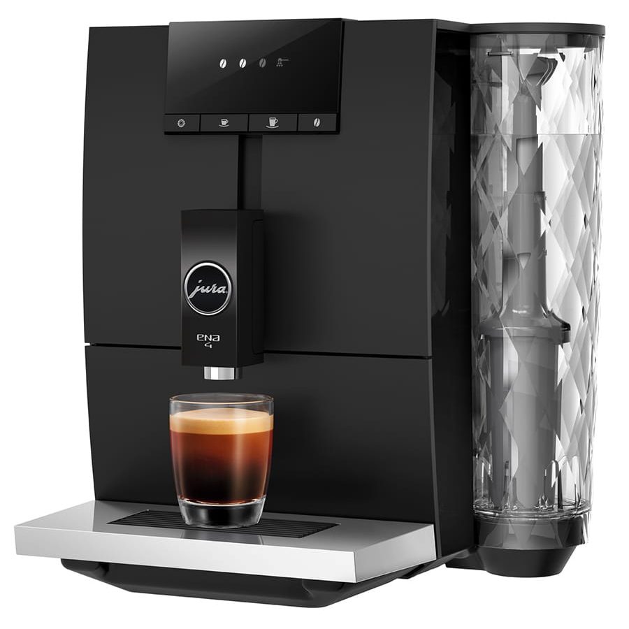  "An elegant Jura ENA4 coffee machine with a sleek design, featuring a digital display, coffee spouts, and control buttons. The machine is ready to brew a perfect cup of coffee, showcasing modern technology for a delightful coffee experience."