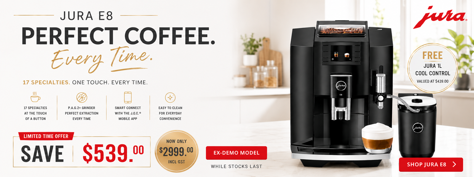 JURA E8 automatic coffee machine with free 1L Cool Control milk cooler on sale. Ex-demo model for $2,999 incl GST. Premium bean-to-cup espresso machine in a bright modern kitchen with limited-time offer from Corporate Coffee New Zealand.