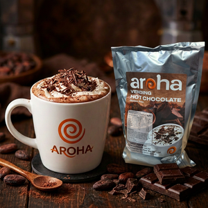 Aroha hot chocolate serving scene with silver packaging