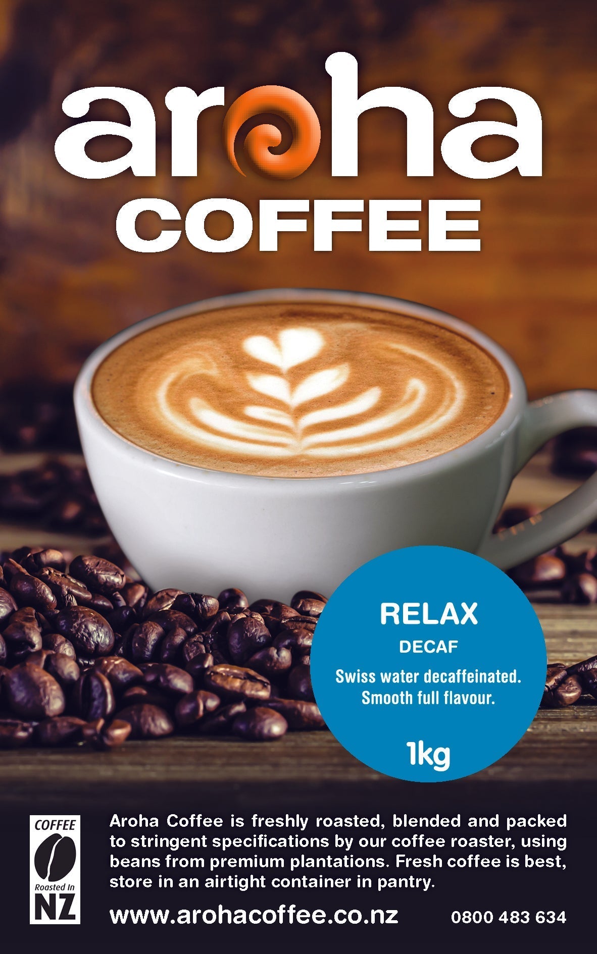 "Image of a 1kg bag of Aroha decaffeinated fresh roasted coffee beans, showcasing rich brown packaging with the Aroha logo. The bag is filled with high-quality coffee beans, conveying the freshness and inviting aroma of the decaffeinated blend."
