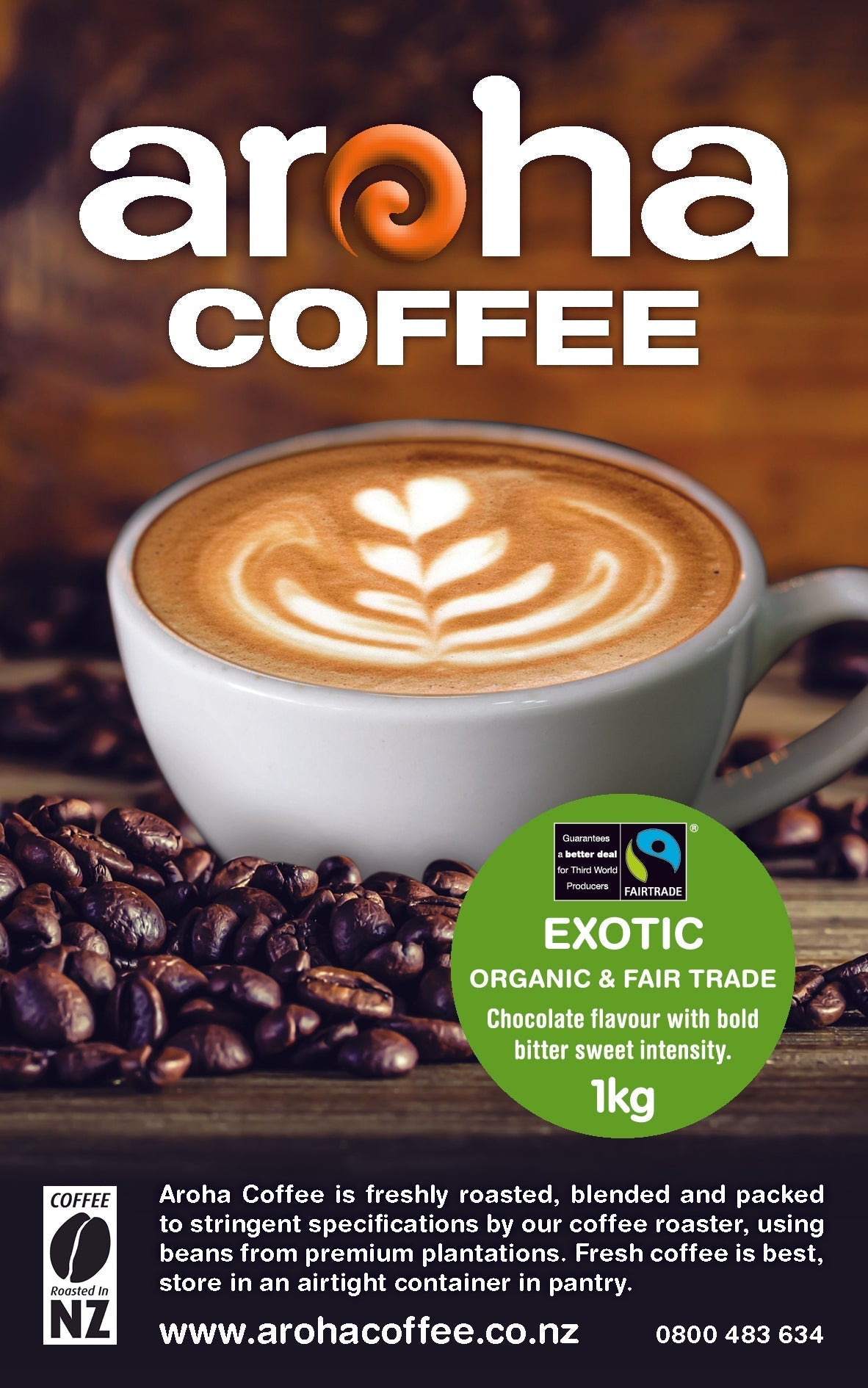 "Image description: A 1kg bag of Aroha Fairtrade Coffee Beans, featuring a vibrant and eco-friendly packaging design. The bag prominently displays the Aroha logo, with an illustration of ethically sourced coffee beans and a Fairtrade symbol. The background is a warm, earthy tone, complementing the rich, aromatic nature of the Fairtrade coffee within."