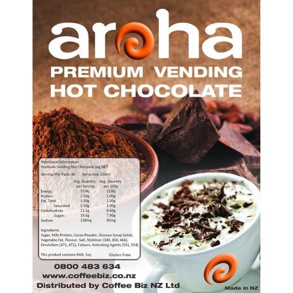 "An image of a 1kg bag of Aroha Vending Chocolate, featuring rich, indulgent chocolate powder within a vibrant and eye-catching packaging."