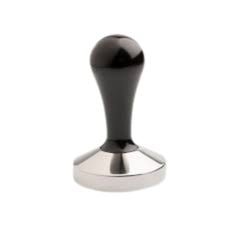 "Close-up of a 58mm Barista Ace Coffee Tamper, a stainless steel coffee tool with a wooden handle, used for evenly compressing ground coffee in a portafilter for espresso preparation."