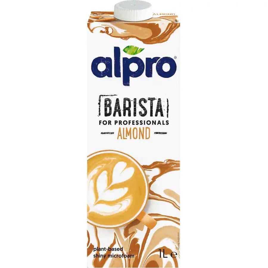 "Close-up of a 1-liter bottle of Alpro Barista Almond Milk, featuring a sleek design with the Alpro logo and Barista Almond Milk branding. The bottle is filled with creamy almond milk specially crafted for barista-style beverages."