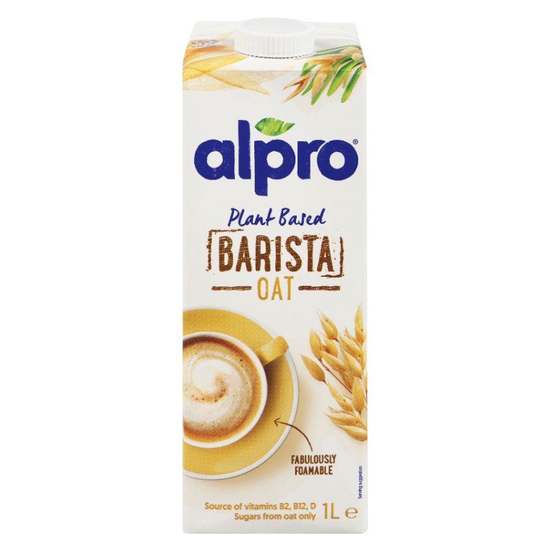 "Close-up image of a 1-liter bottle of Alpro Barista Oat Milk, featuring the brand logo and label. The bottle is filled with creamy, plant-based oat milk designed specifically for barista use."