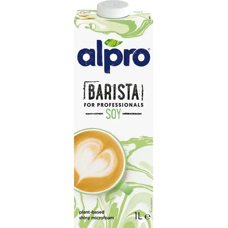 "An Alpro Barista Soy Milk 1-liter bottle with a sleek design, featuring the Alpro logo and Barista label, specially crafted for creating creamy and frothy plant-based beverages."