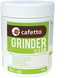 " A 450g tub of Cafetto Eco Coffee Grinder Cleaner, featuring a professional and environmentally-friendly design. The tub is prominently labeled with the brand name, and the cleaner is specially formulated for maintaining coffee grinders. The packaging may include relevant eco-friendly symbols or instructions."