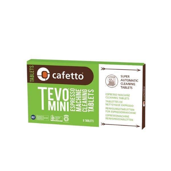"An image of a pack containing 8 Cafetto TEVO mini tablets, neatly arranged in rows within the packaging. The tablets are compact and designed for use in coffee machines, promising efficient and convenient cleaning for coffee enthusiasts."
