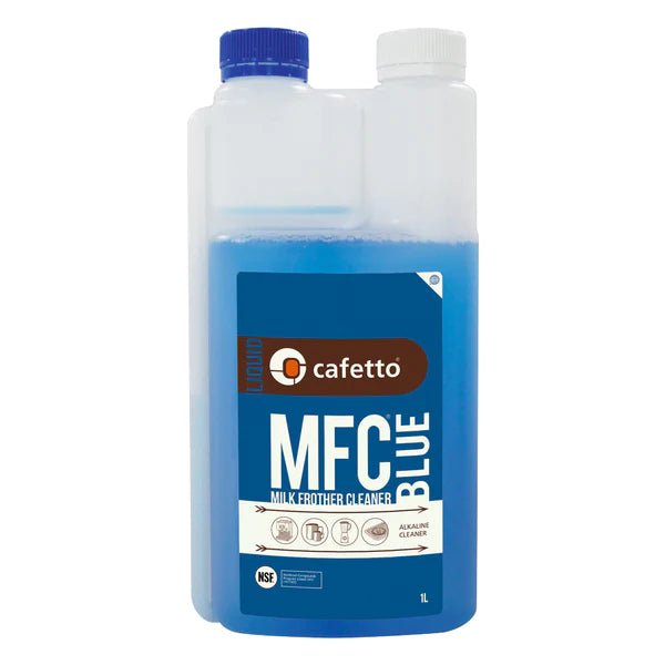 "An image of a 1-liter bottle of Cafetto MFC Blue, a specialized cleaning solution designed for effectively cleaning milk systems in automatic coffee machines. The blue bottle features the product label, highlighting its purpose in maintaining optimal hygiene and performance for coffee equipment."
