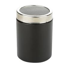 "An image of a stainless steel chocolate powder shaker designed for barista use. The shaker has a perforated lid for even distribution of cocoa or chocolate powder over beverages, with a sleek and functional design suitable for professional coffee preparation."