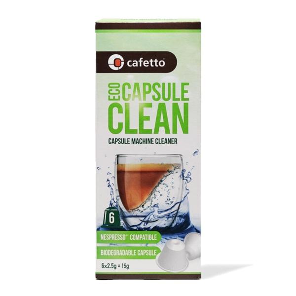 "Image description: A pack containing six Eco Capsule Cleaners designed for use with capsule or pod coffee machines. The cleaners are neatly packaged and ready for eco-friendly maintenance of coffee equipment."