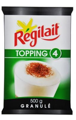 Image of a 500g bag of freeze-dried milk topping manufactured by Regilait, a company based in France. The packaging prominently displays the brand logo and product details, showcasing its premium quality and origin."