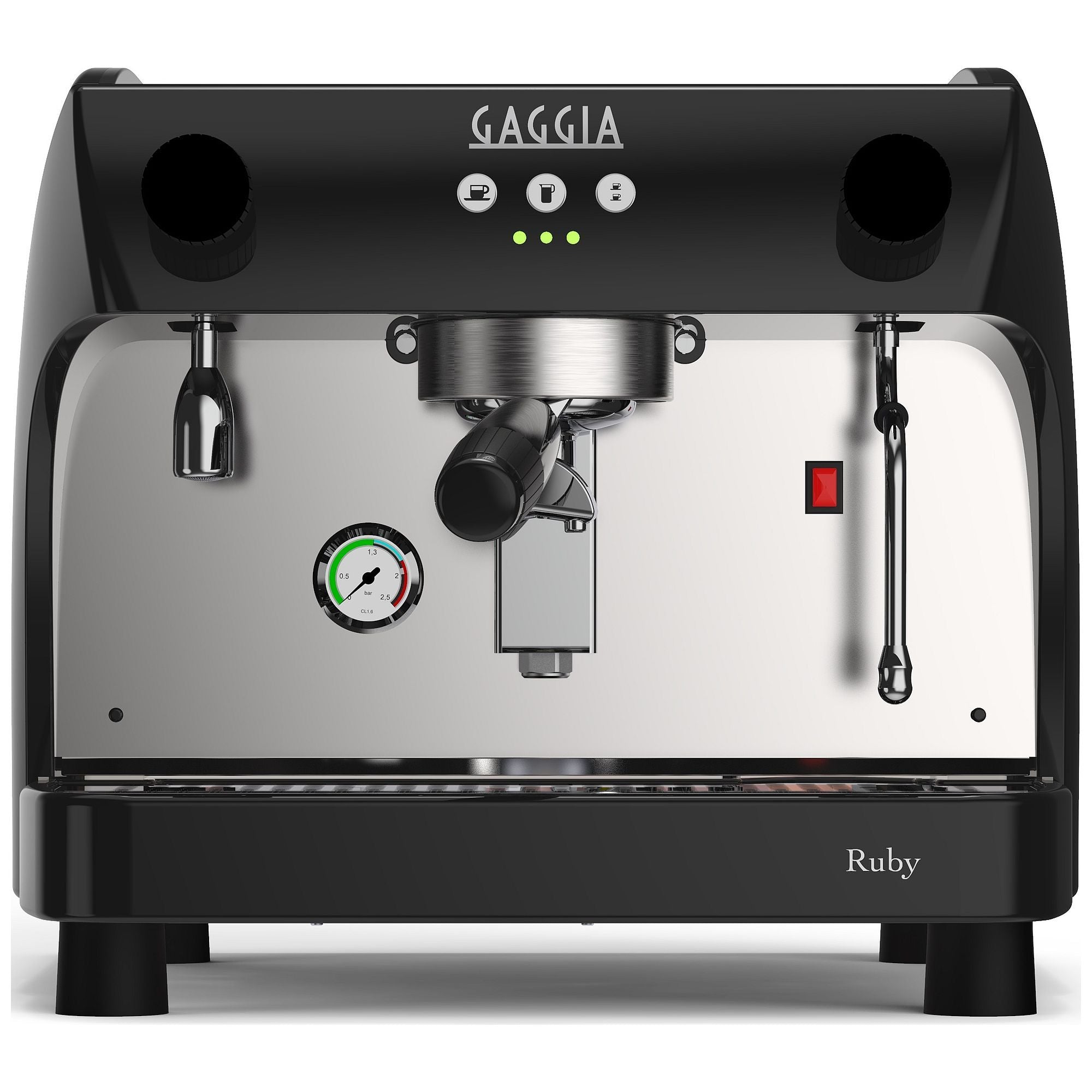 "An elegant Gaggia Ruby Pro Espresso machine with polished stainless steel and black side panels, a sleek control panel featuring various brewing options, a steam wand for frothing milk, and a portafilter ready for a perfect shot of espresso."