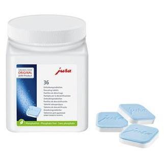 A close-up photograph of a tub containing 36 Jura descaling tablets. The tub is labeled with the brand name 'Jura' and prominently displays the quantity of tablets inside. The tablets are small, square, and neatly arranged within the container."