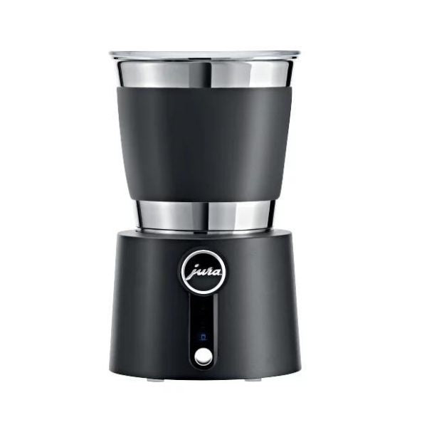 "An image of a Jura Hot and Cold Automatic Milk Frother, featuring a sleek design with intuitive controls. The frother is equipped to produce both hot and cold frothed milk, enhancing the coffee experience with its advanced functionality."