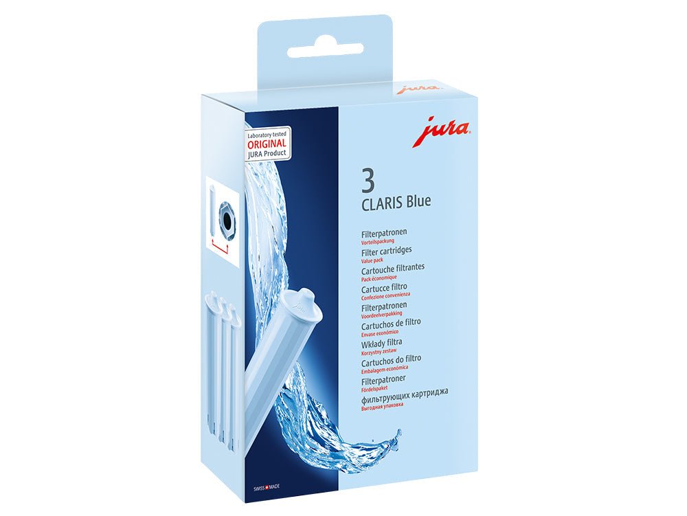 "Three Jura Claris Blue Water Filters neatly packaged together, featuring a compact design with blue accents. The filters are essential for maintaining water purity in Jura coffee machines, ensuring optimal taste and performance."